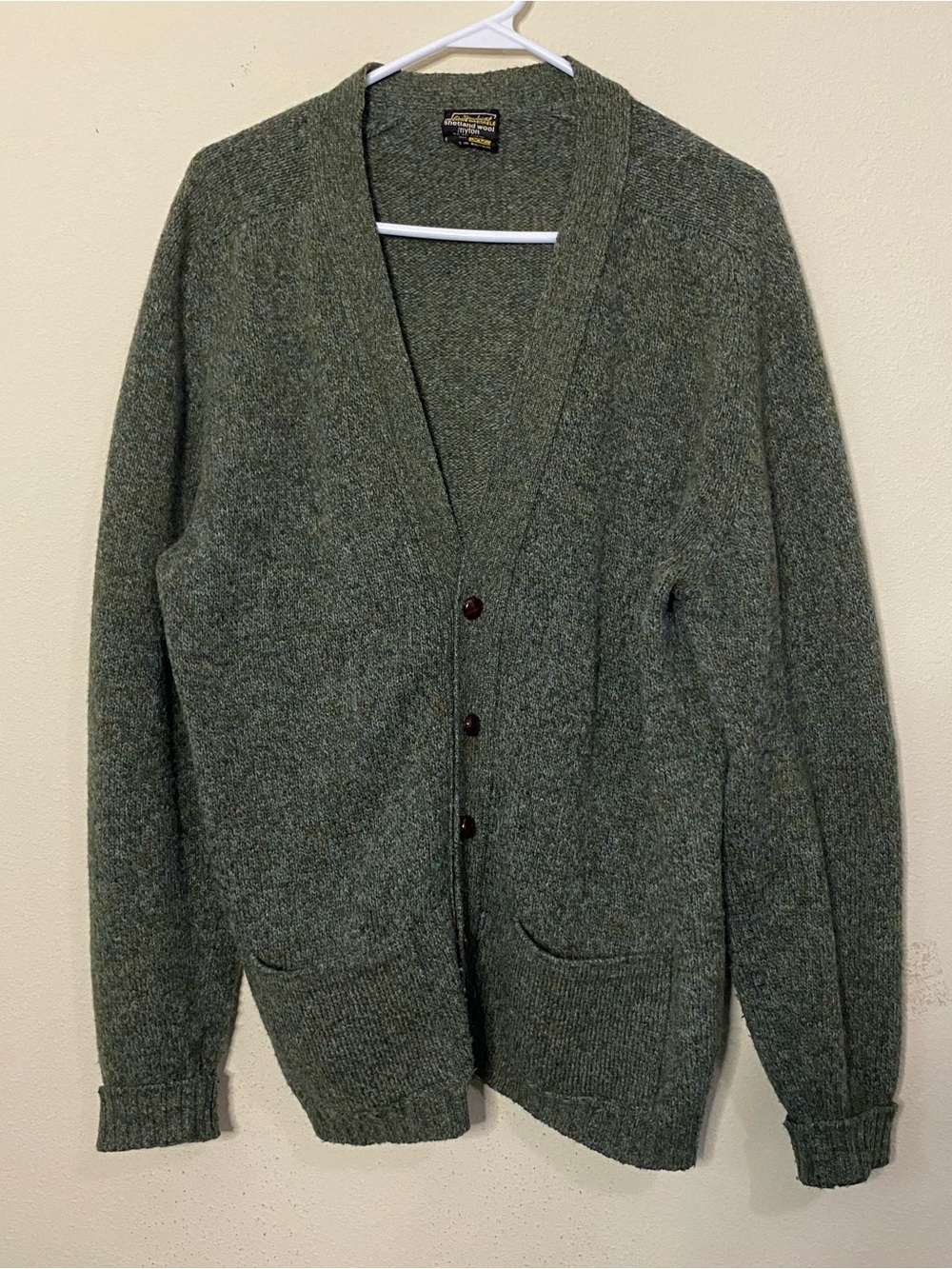 VTG St Michael M&S Cardigan Mens XL 38" Shetland Wool Nylon Green Sweater UK